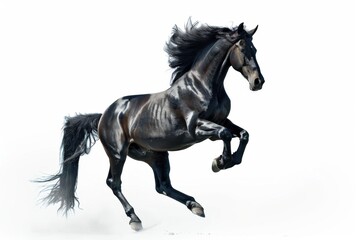 Black horse in rearing pose, standing up on hind legs isolated on white background