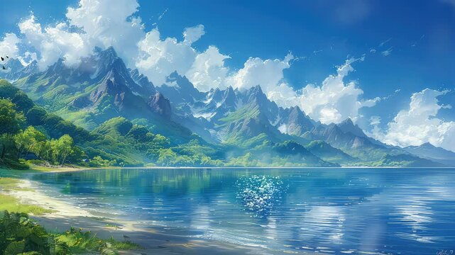 Animation Serene mountain and lake view under blue sky generated with ai