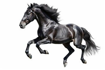 Fototapeta premium Black horse in rearing pose, standing up on hind legs isolated on white background