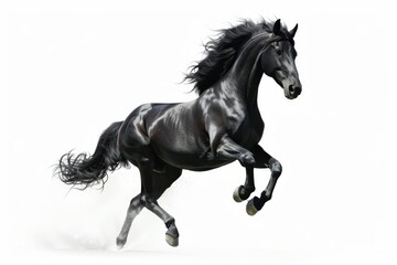 Black horse in rearing pose, standing up on hind legs isolated on white background