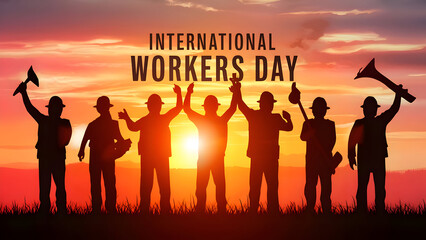 International Workers Day with sunset background Happy Labour Day background with silhouette of workers