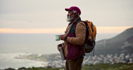 Sunrise, hiking and senior black man with coffee for mountain adventure, break or beverage. Clouds, winter and person with drink in travel flask for morning trekking, journey or caffeine in Argentina