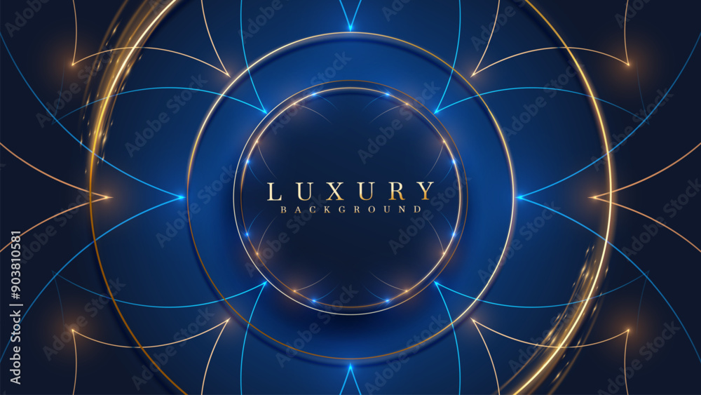 Wall mural blue luxury background with golden circular frame in the middle decorated with abstract line pattern
