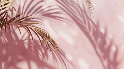 Obraz premium Shadows of palm leaves fall softly on a pastel pink wall, creating a serene and dreamy atmosphere.