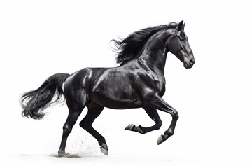 Fototapeta premium Black horse in rearing pose, standing up on hind legs isolated on white background