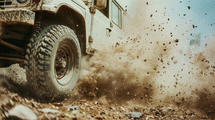 A rugged off-road vehicle kicks up dirt and rocks as it drives through a rough, untamed terrain, embodying adventure and power.