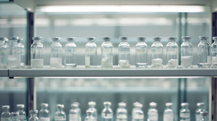 Rows of glass vials in a sterile, clinical environment, suggesting meticulous organization and a high standard of cleanliness and care.