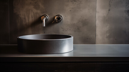 Chic and elegant bathroom interior, Dark tones, Concrete wall and sink
