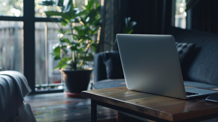 Fototapeta premium A sleek laptop on a rustic wooden table in a stylish, modern living room filled with natural light and lush indoor plants.