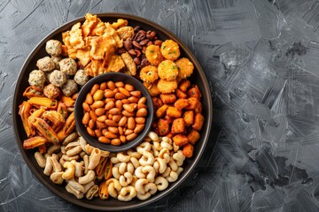 A black plate with a variety of snacks including nuts, chips, and crackers