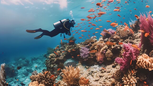 A scuba diver swims near a vibrant coral reef teeming with colorful fish and marine life, showcasing the beauty of underwater exploration.