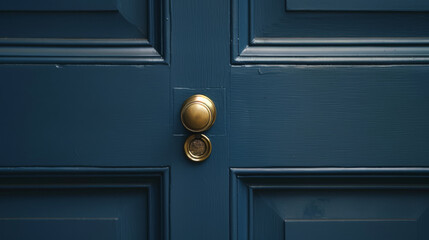 A close-up of a stylish blue door with a golden doorknob and lock, showcasing elements of design, security, and elegance.