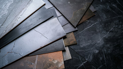 An array of elegant, dark-hued tiles arranged in cascading layers, each showcasing unique textures and subtle patterns, highlighting timeless home decor.