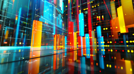 A futuristic cityscape with colorful 3D bar graphs and digital overlays resembling a data analysis interface, reflecting on the surface.