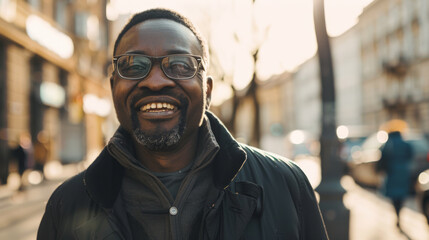 Fototapeta premium A joyful man smiling warmly at the camera in a sunlit urban setting, radiating happiness and positivity.