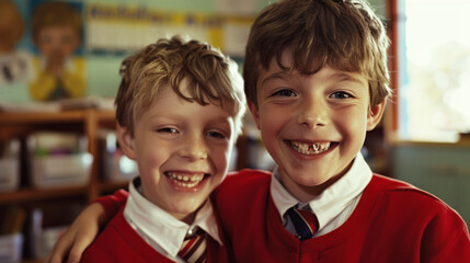 Two schoolboys in matching red uniforms, smiling broadly and embracing, reflecting camaraderie and happiness in a classroom setting.