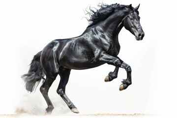 Black horse in rearing pose, standing up on hind legs isolated on white background