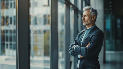 Fototapeta premium A confident businessman in a blue suit stares thoughtfully out of a large window, bathed in natural light, contemplating his next move.