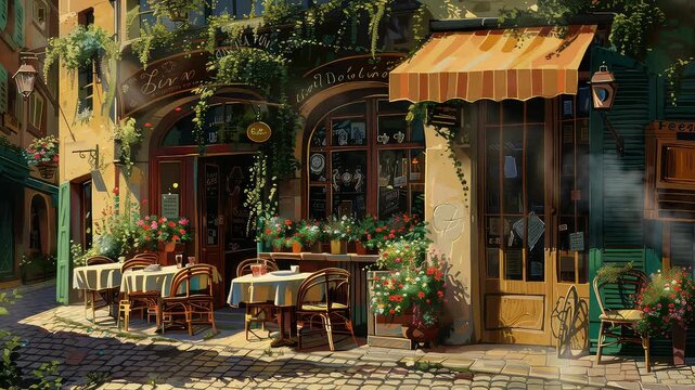 Animation Charming French cafe with outdoor seating and greenery generated with ai