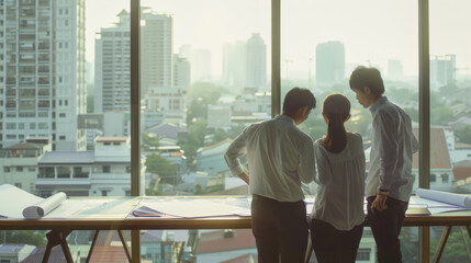 Three colleagues in suits review blueprints in an office with panoramic city views, reflecting teamwork and urban development planning.