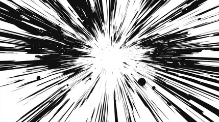 Abstract black and white comic book explosion or laser beams with speed lines on white background.