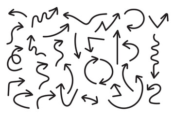 Hand drawn brush vector arrows set, arrow doodle swipe up symbol sign isolated on white background. 