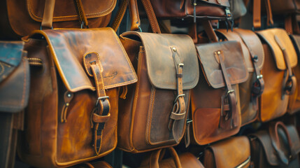 Rows of stylish leather messenger bags fill the shelves, arranged neatly to display the chic and sophisticated designs.