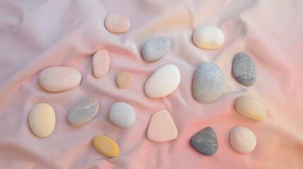 Smooth, pastel-colored stones arranged on soft, pink fabric, creating a serene and calming still life composition.