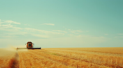 Fototapeta premium A lone combine harvester works through a vast golden wheat field under a clear, expansive blue sky, emblematic of rural serenity and agricultural productivity.