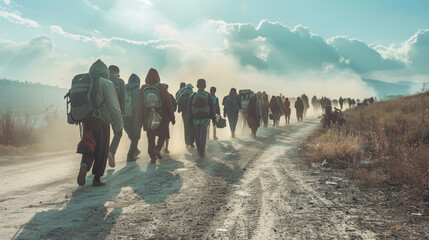 A large group of people is walking along a dusty road, silhouetted against a dramatic sky with clouds, suggesting a journey or migration.