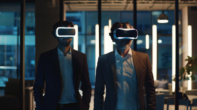 Two professionals wearing VR headsets in an office, exploring virtual reality technology and its potential in a modern workplace.