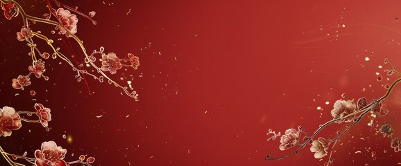 Red background, vector illustration, gold line drawing style with small flowers on the left and right sides of the picture