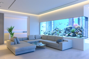 Modern living room with a large aquarium integrated into the wall