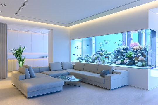 Modern living room with a large aquarium integrated into the wall