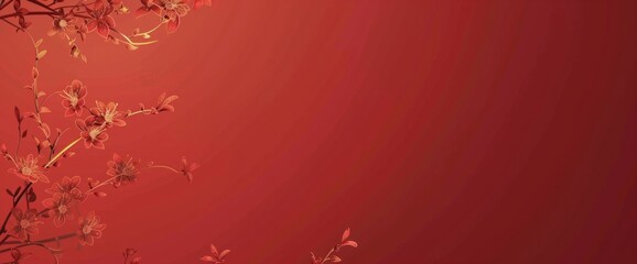 Red background, vector illustration, gold line drawing style with small flowers on the left and right sides of the picture