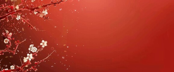 Red background, vector illustration, gold line drawing style with small flowers on the left and right sides of the picture