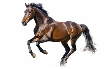 Naklejka premium Brown horse in rearing pose, standing up on hind legs isolated on white background