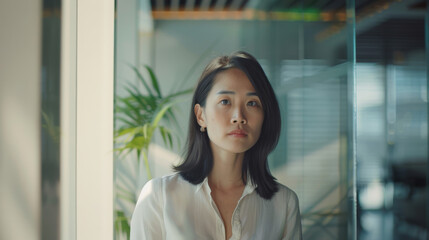 A young woman stands in an office, gazing thoughtfully through a window with lush green plants and soft natural light creating a serene backdrop.