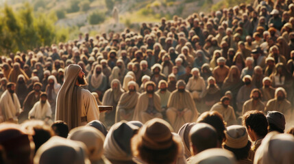 Inspirational scene of a spiritual figure addressing a vast crowd in an ancient setting with natural surroundings.