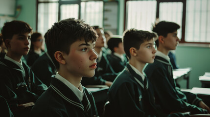 Attentive students in uniform sit in a classroom, focused on their lesson, indicative of structured learning and discipline.
