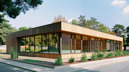Modern office building with large windows surrounded by greenery, under a clear sky, reflecting sustainable architecture.