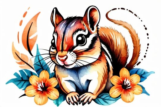 Watercolor painting of chipmunk perched on flower amidst flowers.