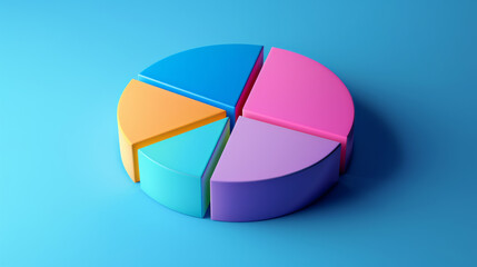 A vibrant 3D pie chart in bright, contrasting colors displayed against a blue background, symbolizing data, analysis, and information.