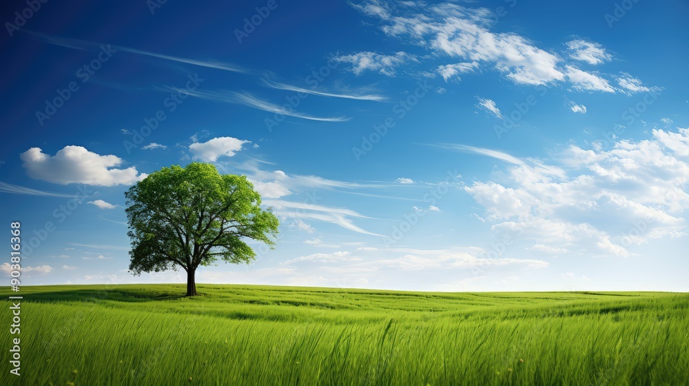 Wall mural landscape green grass blue sky