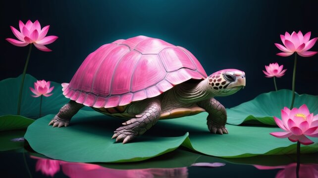 A pink turtle gracefully walks across a vibrant green lotus leaf, showcasing its unique color against the natural backdrop.