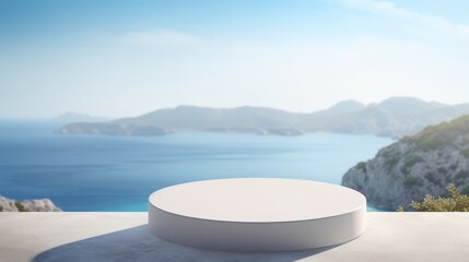 This minimalist podium serves as a focal point for presentations, set against a beautiful seaside backdrop with clear blue waters and majestic mountains that enhance the atmosphere