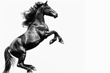 Black horse in rearing pose, standing up on hind legs isolated on white background