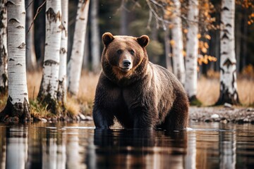 Fototapeta premium A big brown bear on the background of a birch grove. Animal hunting. Poaching.