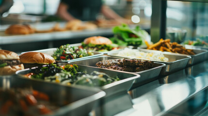 Obraz premium A buffet counter showcasing a variety of dishes including burgers, salads, and freshly prepared meals, with people serving themselves.
