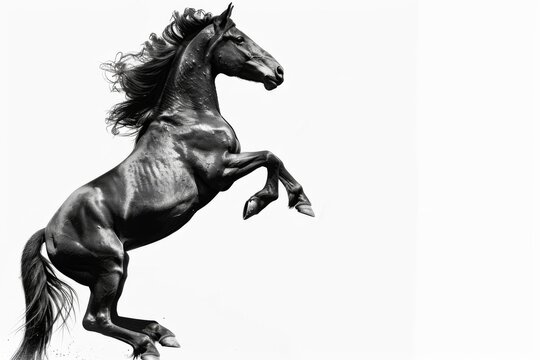 Black horse in rearing pose, standing up on hind legs isolated on white background